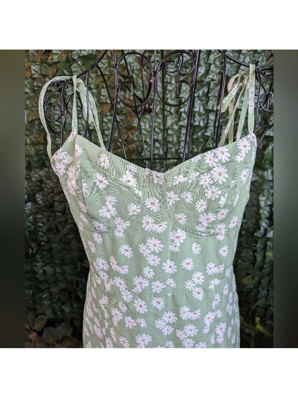 Green Floral Midi Dress Cottagecore Sundress Summer‎ Spaghetti Strap Slit - Picture 7 of 12